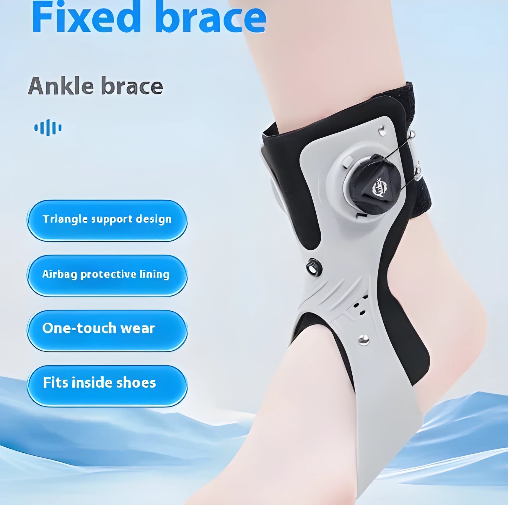 Grey ankle support brace with airbag button adjustment for training rehabilitation