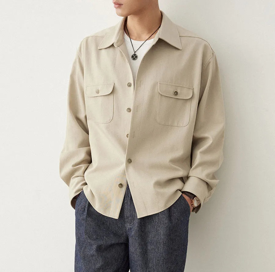 Men's lapel collar casual shirt in chemical fibre blend fabric showing simple profile design