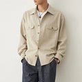 Men's lapel collar casual shirt in chemical fibre blend fabric showing simple profile design