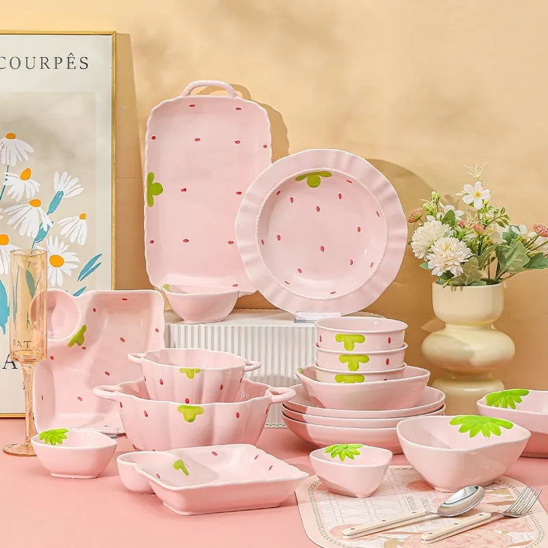 Strawberry design porcelain dinnerware set with flower bowls, plates, and spoon