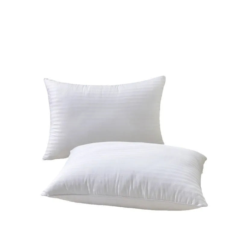 White satin stripe feather and cotton pillow shown in three different size options.