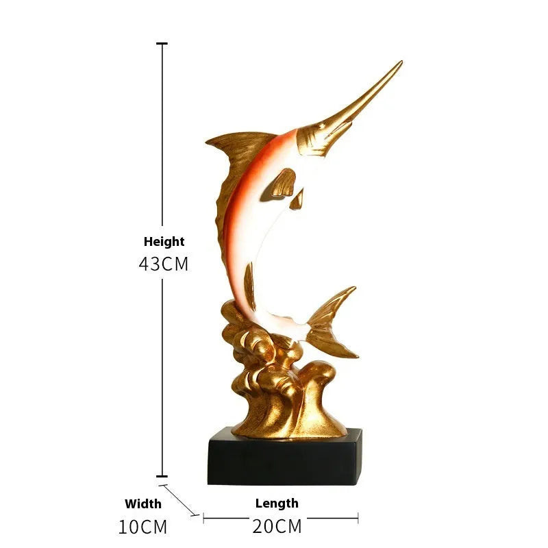 A European-style swordfish sculpture decoration in resin, shown in one of four colour options.