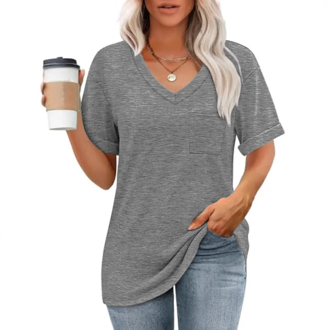 Grey loose fit V-neck T-shirt with front pocket, short sleeves