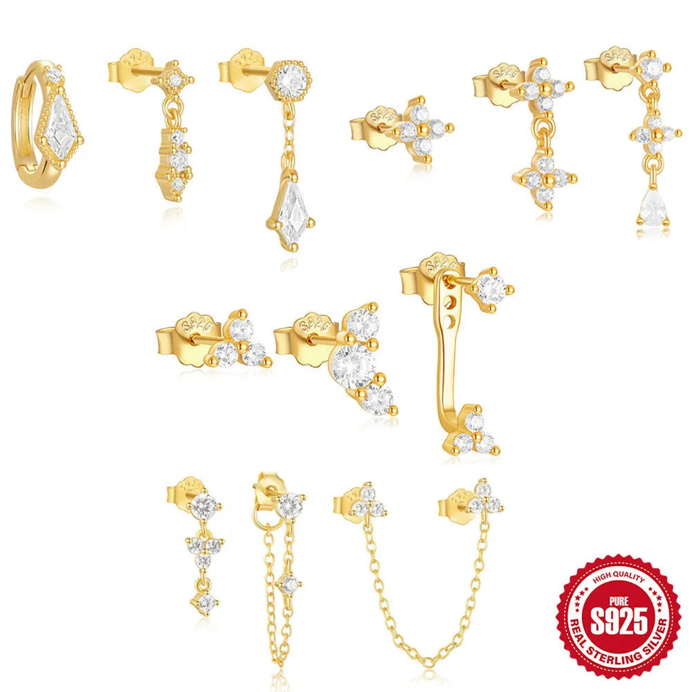 S925 sterling silver geometric zircon earring set with three matching pieces in gold tones