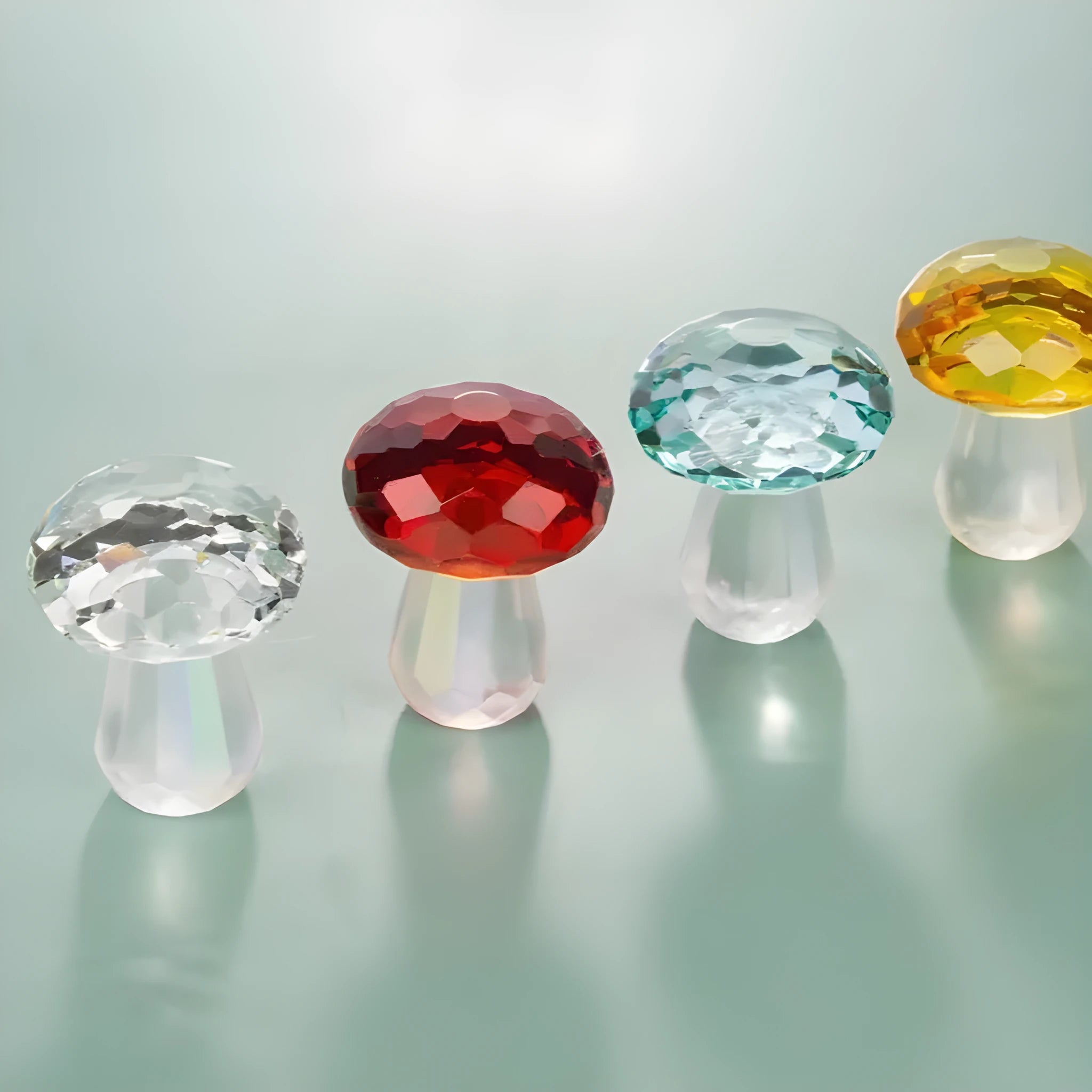 Colourful mushroom crystal decorative craft in transparent, green, red and yellow hues measuring 40x53mm