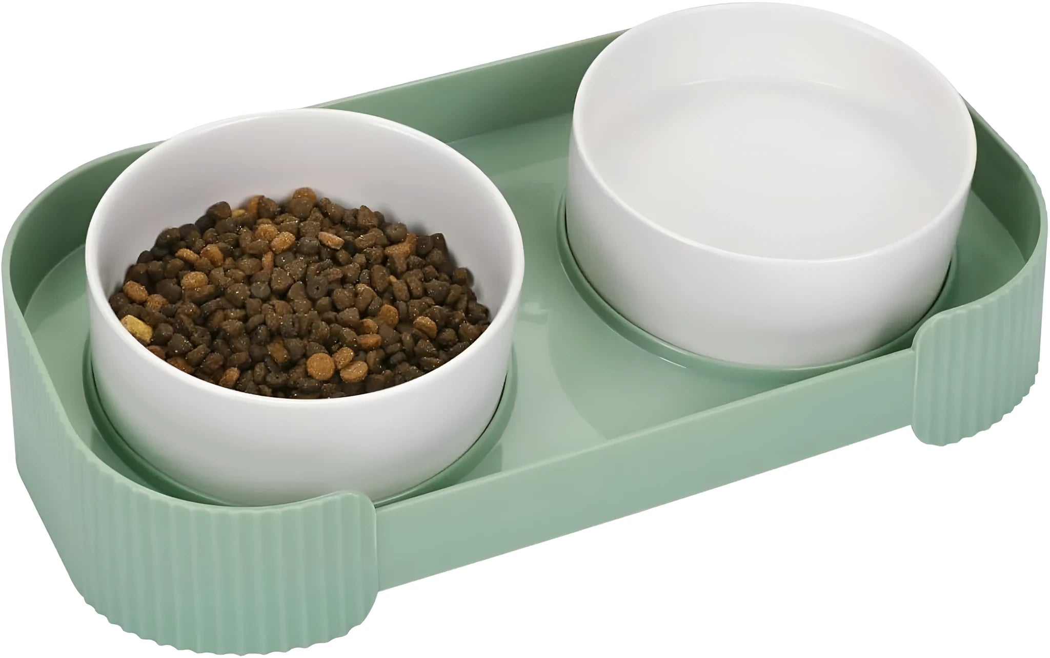 Green ceramic elevated cat bowl set with 15-degree tilt and non-slip base