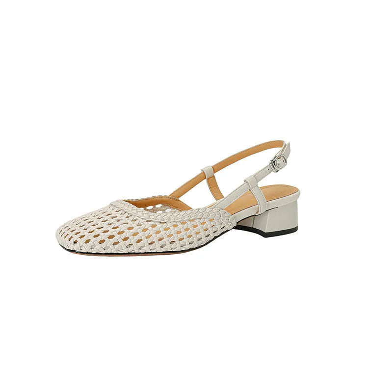 Women's woven hollow-out sandals with closed toe, square toe design and 4cm chunky block heel