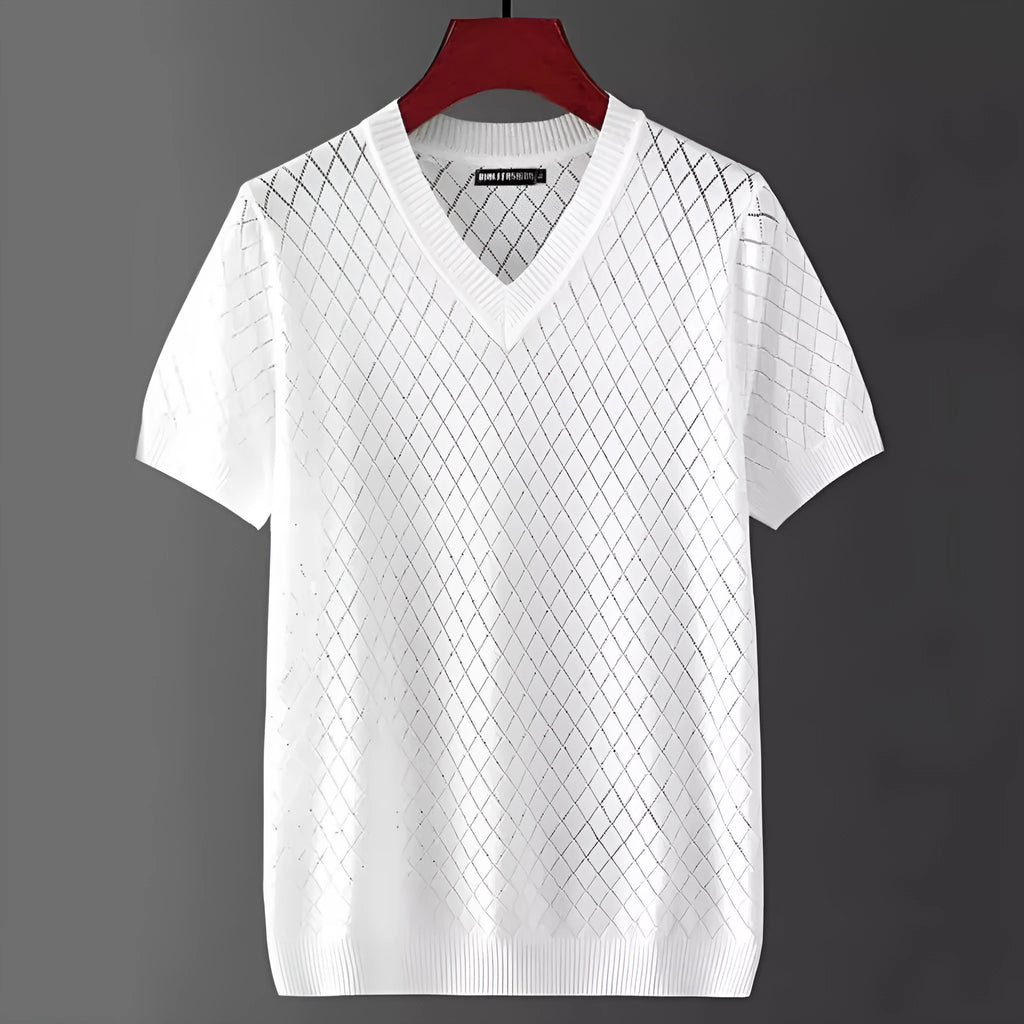 Man wearing a black Korean style V-neck ice silk summer t-shirt for casual wear