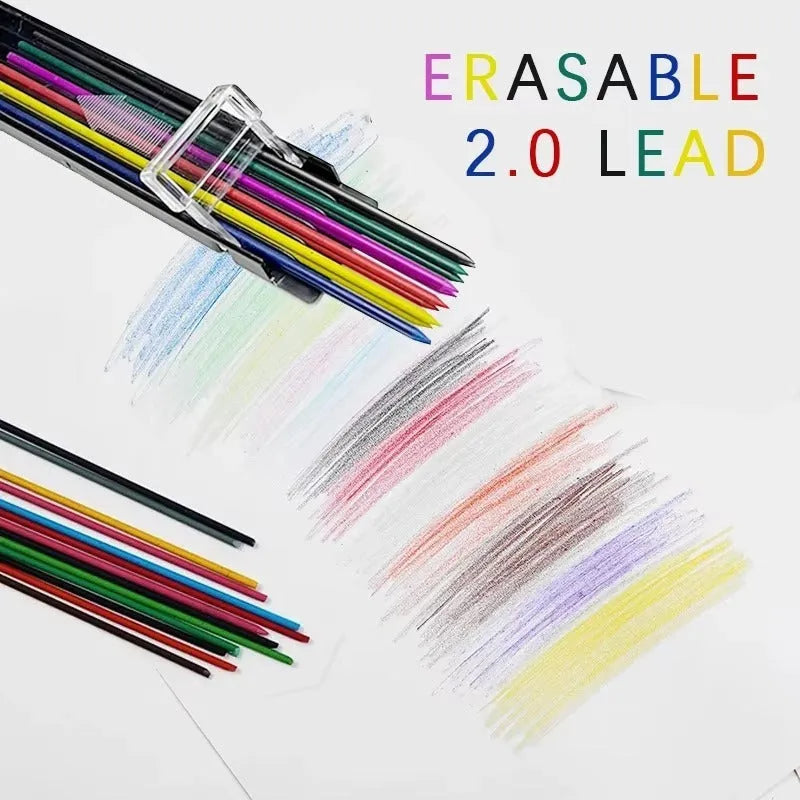 Box containing 12 rainbow-coloured mechanical pencil refill leads for drawing and painting.