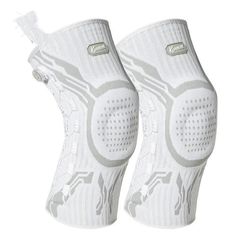 Grey and white sports knee pad for adults, shown in sizes M, L, XL for basketball and football.