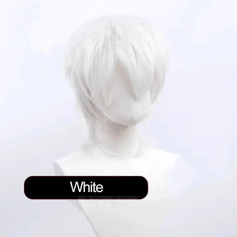 Short black and red anime cosplay wig for men with a lengthened hair tail.