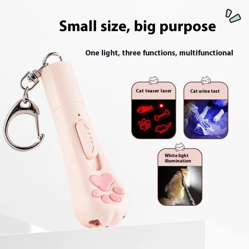 USB rechargeable cat teaser pen light with colourful LED and feather attachment in pink, cream, or blue