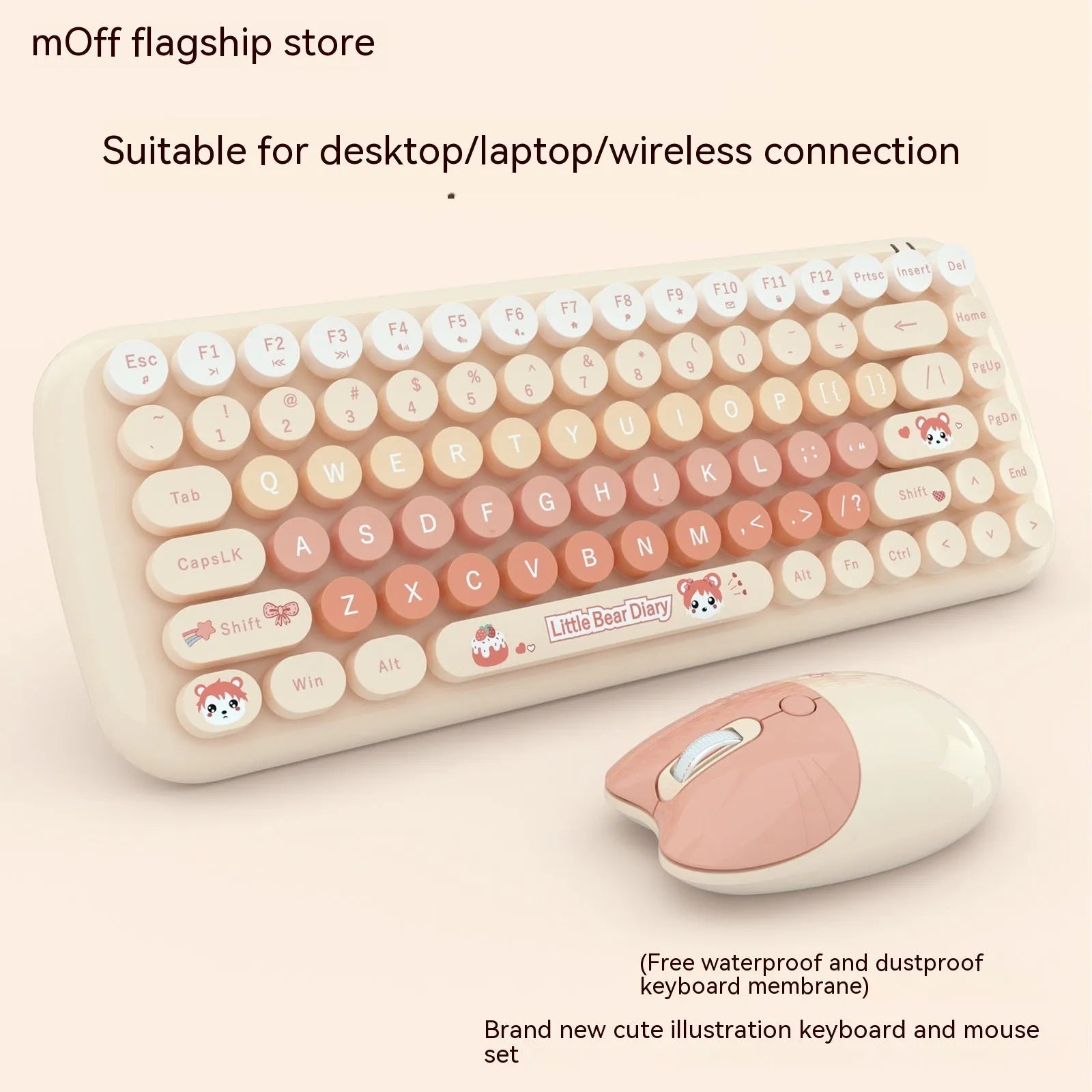 Pink wireless keyboard and mouse set with compact design for desk use