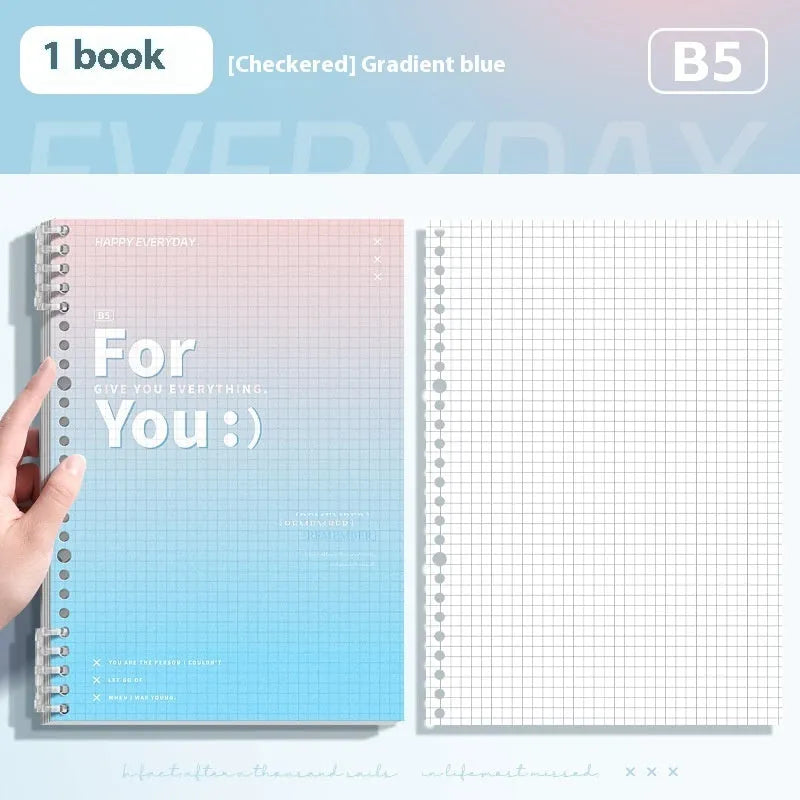 A4 and B5 removable coil notebooks with gradient coloured PP covers in green, blue, pink, and purple.