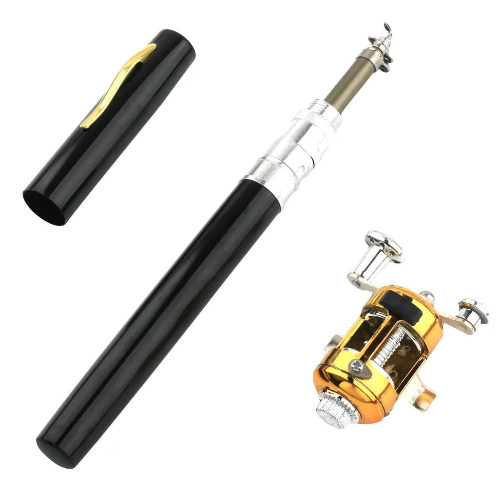 Gold portable telescopic pocket fishing rod extended next to its small aluminium alloy storage case.