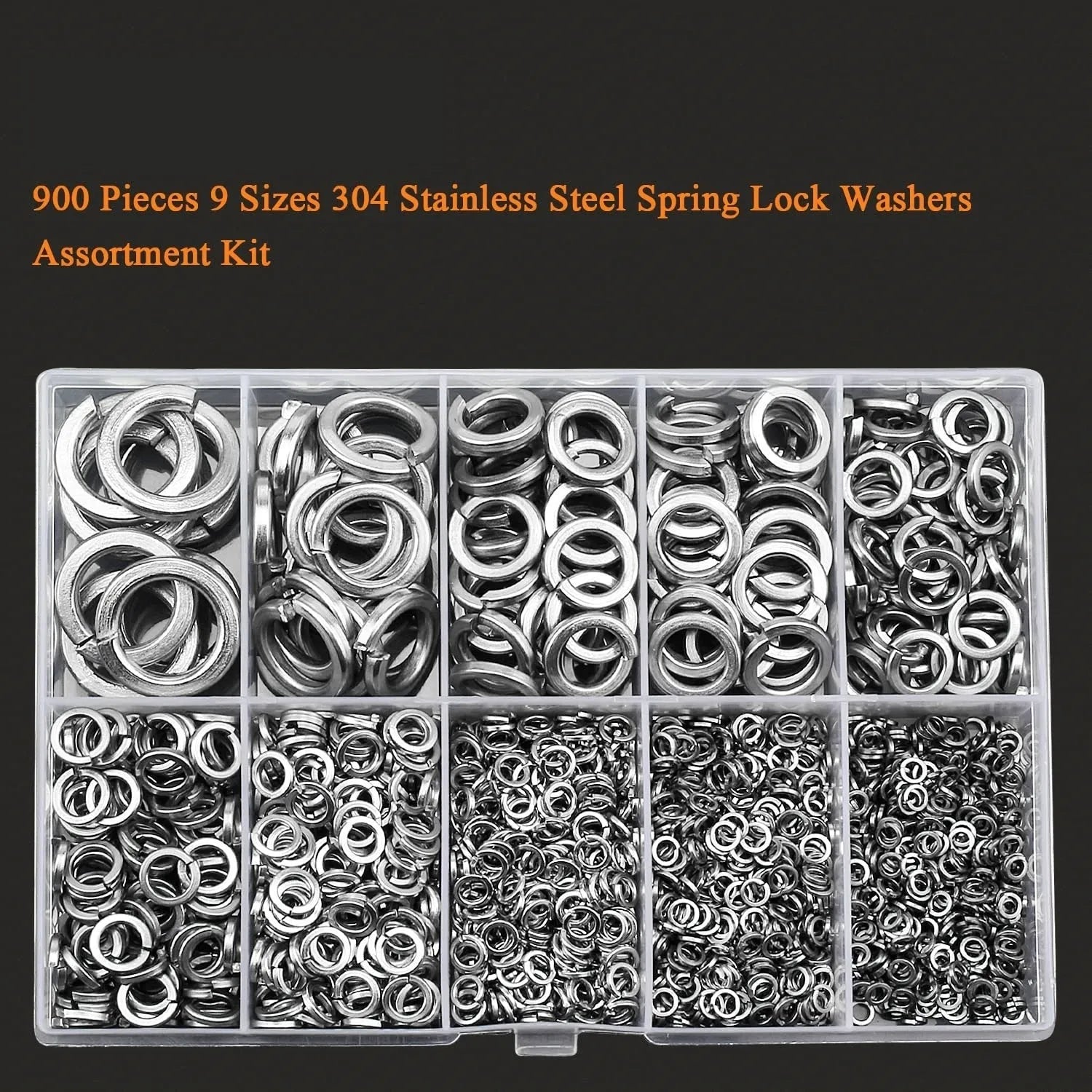 304 stainless steel spring lock washer combination box containing 900 pieces with sizes from 2mm to 12mm inner diameter
