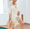 Apricot women's crochet knit patchwork beach dress with mid-length skirt and half sleeves