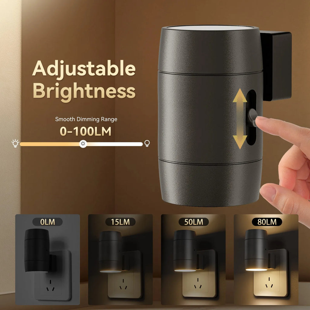 Small adjustable brightness night lamp with rotatable direct plug showing warm light illumination