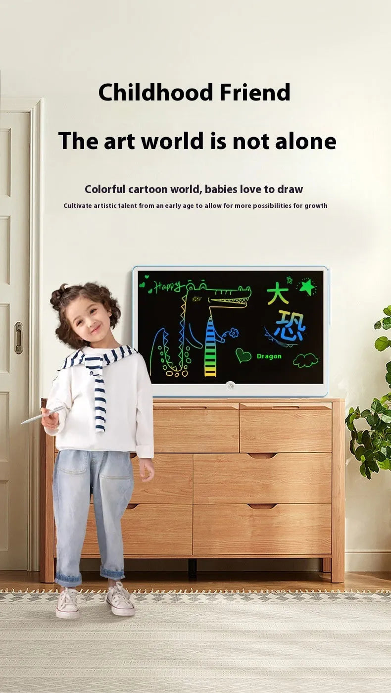 19-inch rechargeable LCD drawing board for children in blue and white colour scheme with stylus.