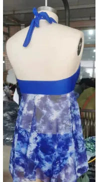Blue women's bikini swimsuit with briefs bottom on a mannequin, showing spandex fabric texture.