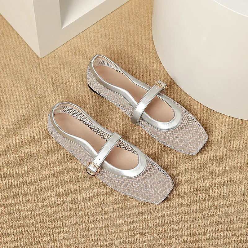 Women's beige mesh flat-heel pumps with square toe and buckle fastener on a white background.