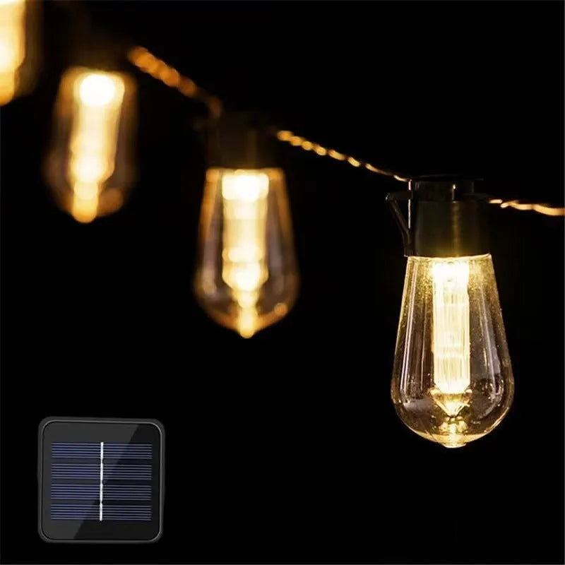Waterproof outdoor retro bulb string lights showing infusion bottle shape and multiple length options
