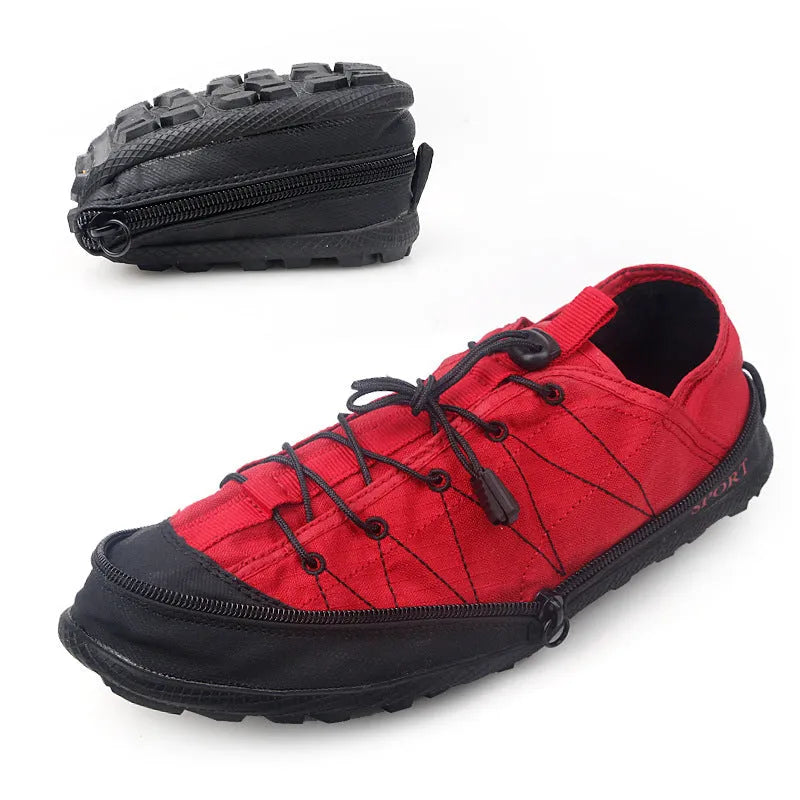 Folding outdoor hiking shoes with mesh upper and side zipper in orange, black and grey colour options