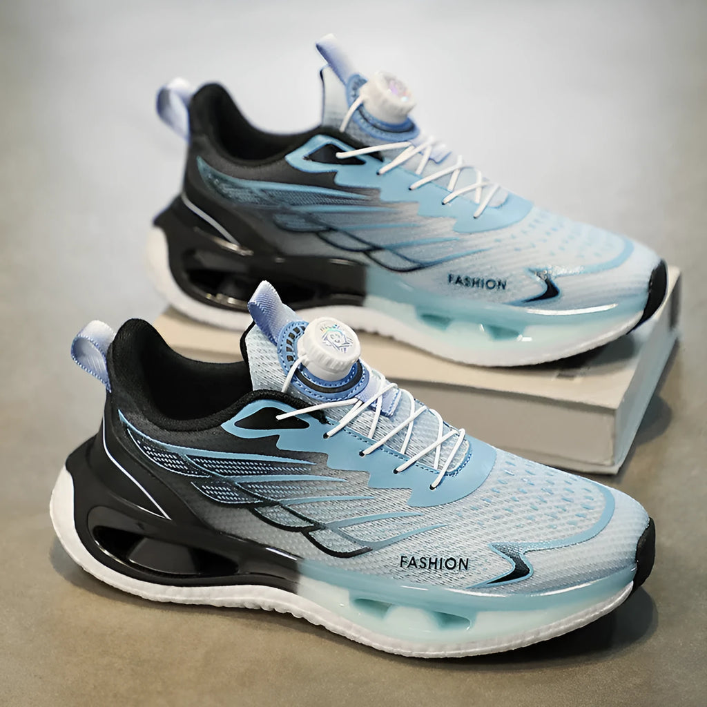 Men's low-top sneaker with a rotating button closure on the side, shown in light blue mesh.