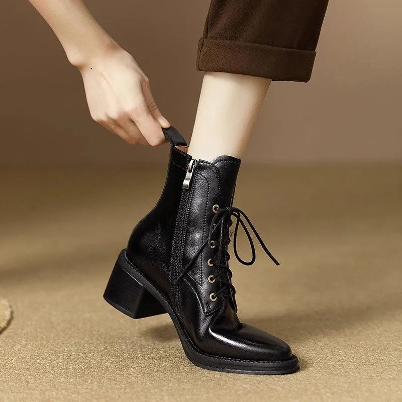 Women's black pointed toe ankle boots with 5.5cm heel and 13cm shaft height