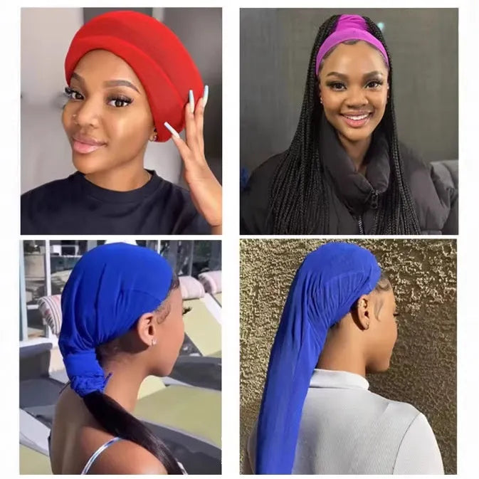 Spandex mesh wig cap with high elasticity oversleeve design shown in multiple colour options