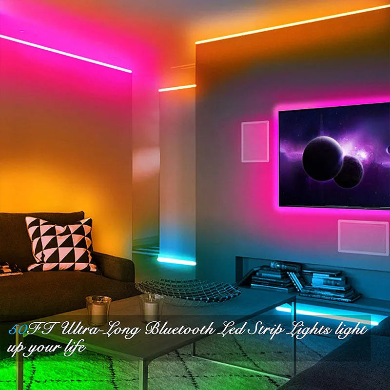 Bluetooth-controlled RGB LED light strip kit with remote on a 5-metre roll, showing UK plug adapter.