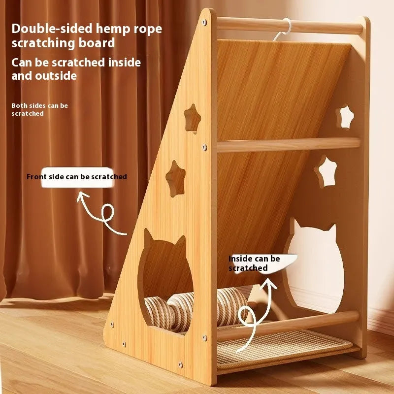 Vertical cat scratching board mounted on wall with sisal scratching surface and hemp rope toy ball