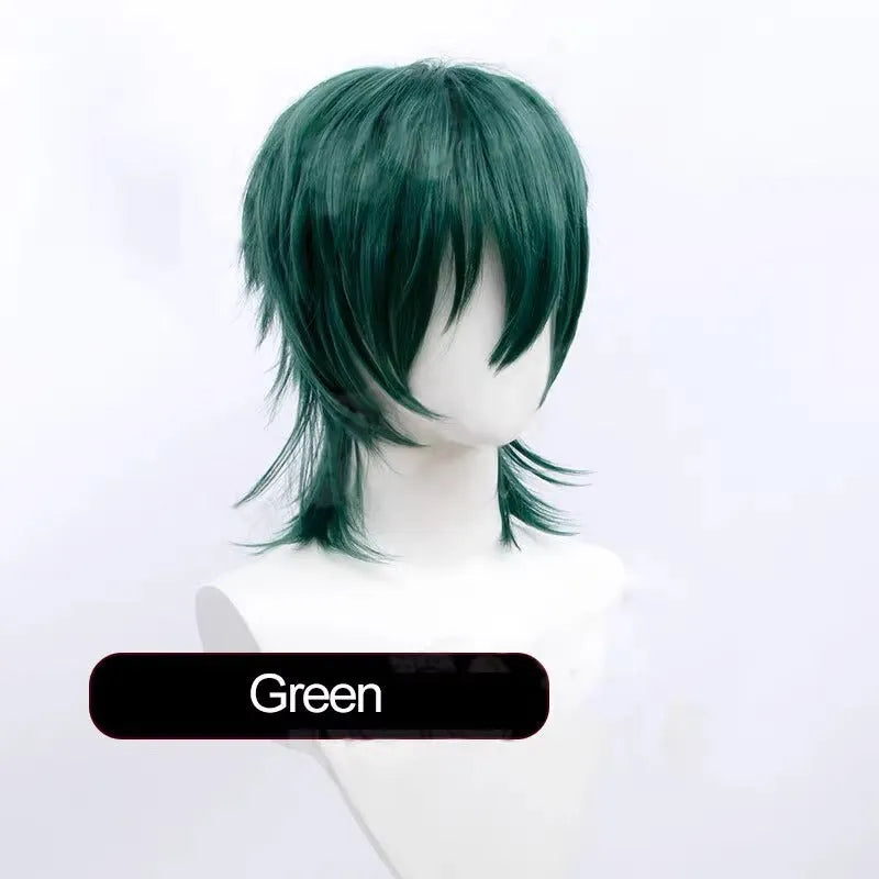 Short black and red anime cosplay wig for men with a lengthened hair tail.