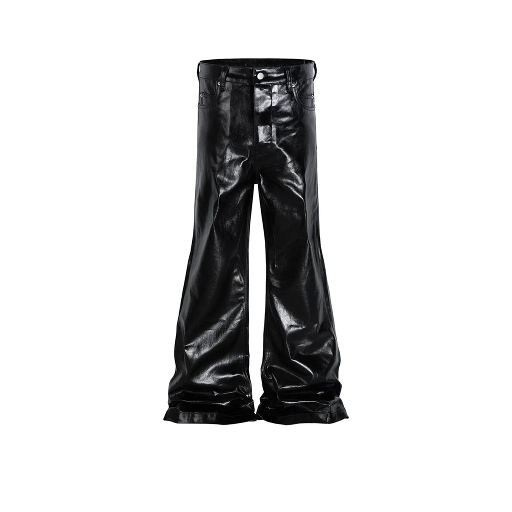 Black coated patent leather straight-leg skinny jeans on a hanger