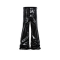Black coated patent leather straight-leg skinny jeans on a hanger