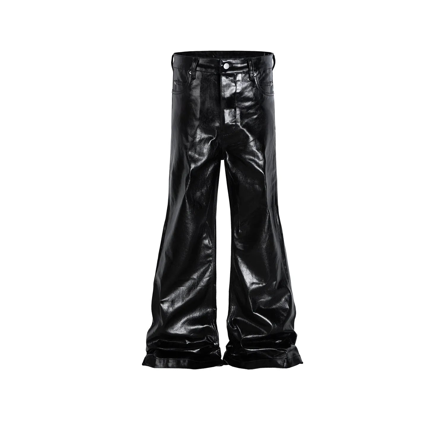 Black coated patent leather straight-leg skinny jeans on a hanger