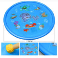 Blue PVC children's water spray play mat with marine animal designs laid out on grass.