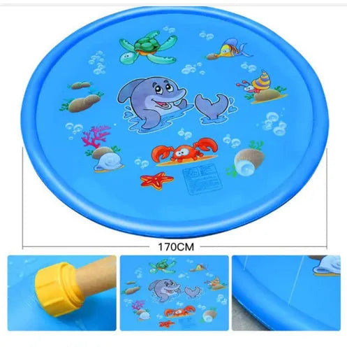 Blue PVC children's water spray play mat with marine animal designs laid out on grass.