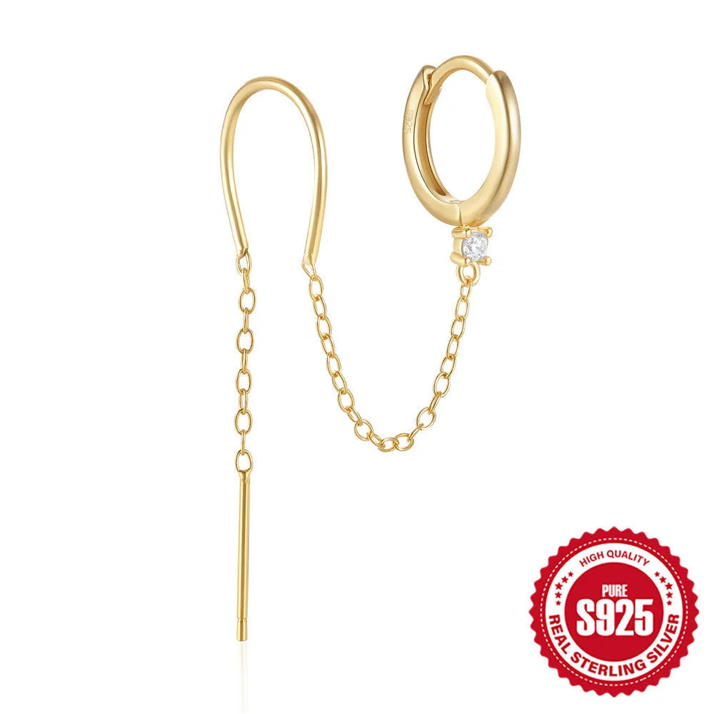 S925 sterling silver geometric ear clip stud earrings with flower and tassel elements in gold electroplated finish
