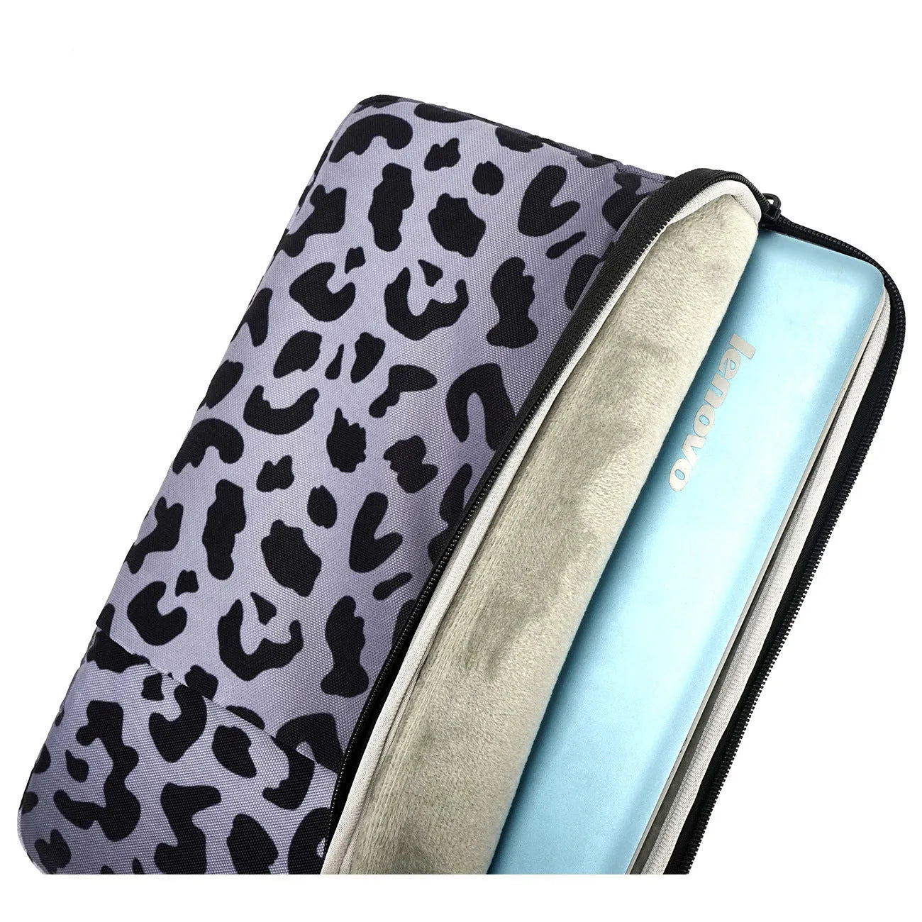 Leopard print laptop sleeve for 13-inch to 16-inch laptops with waterproof polyester construction