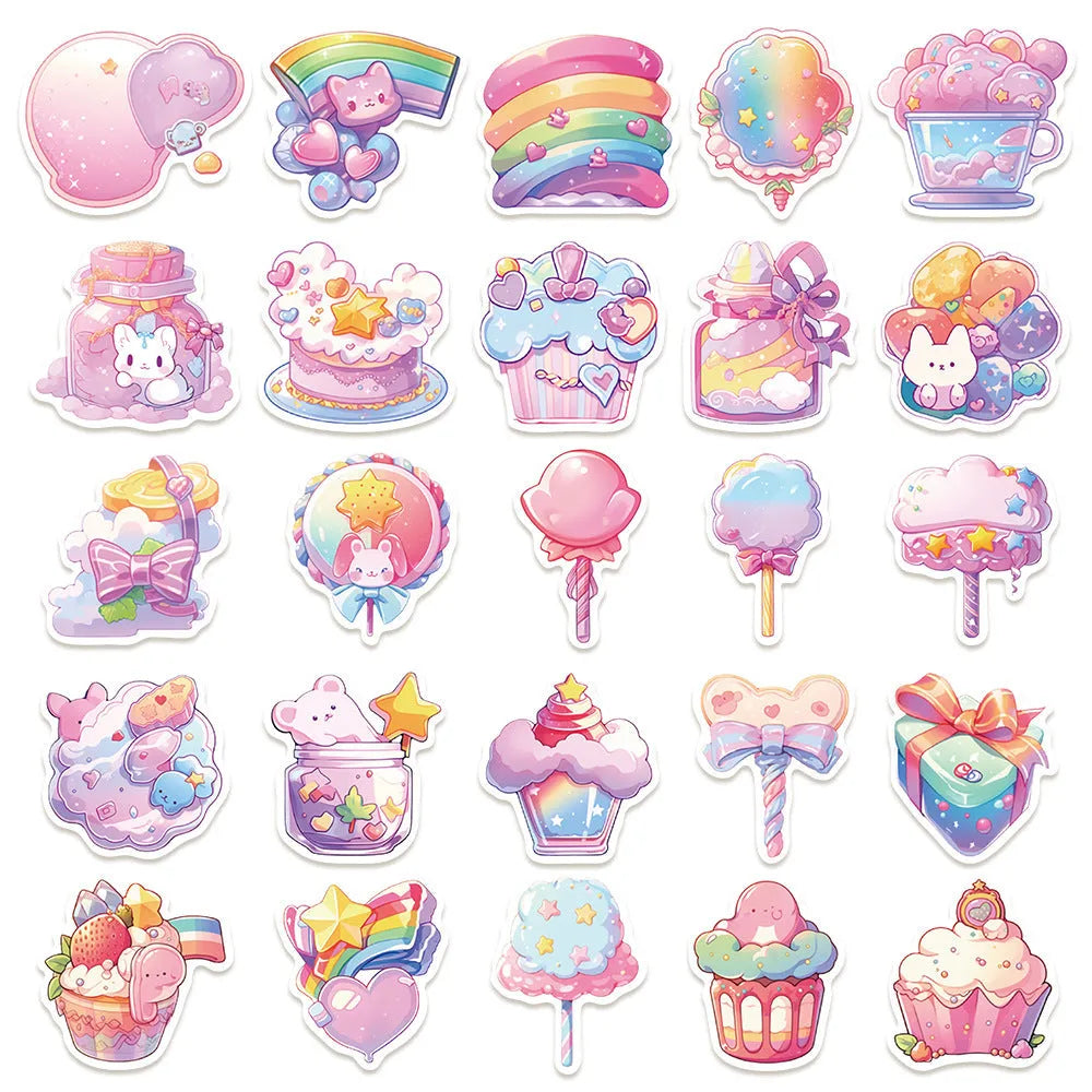 Pack of 50 colourful cute candy and small object waterproof stickers ranging from 4cm to 7cm in size.