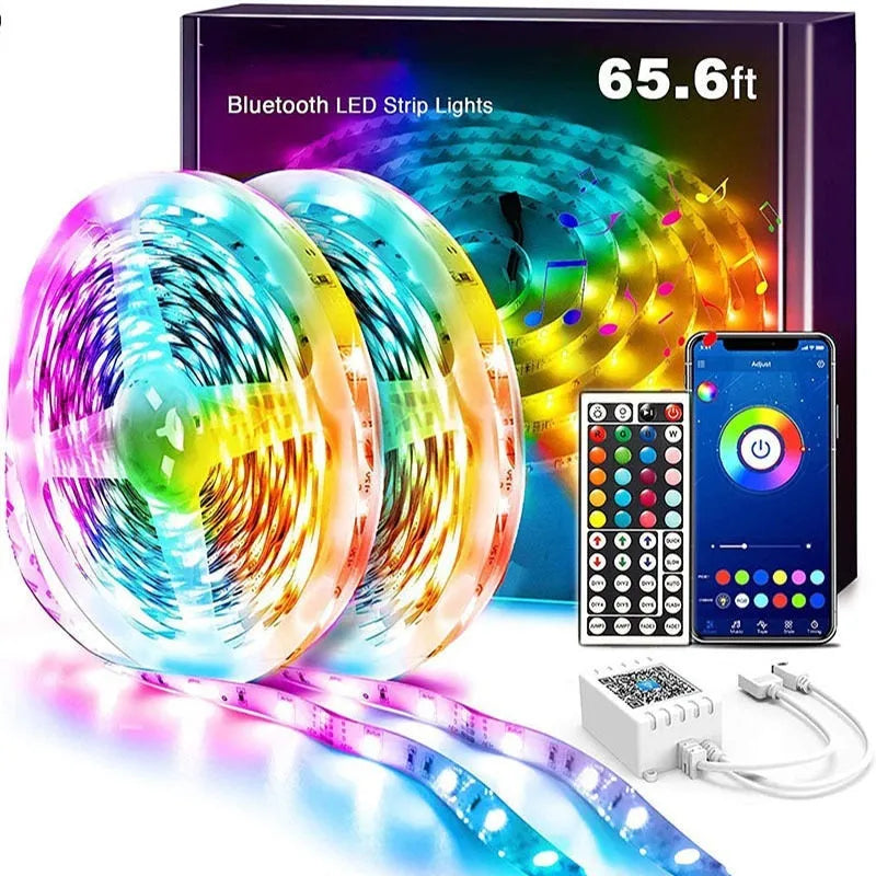 Bluetooth-controlled RGB LED light strip kit with remote on a 5-metre roll, showing UK plug adapter.