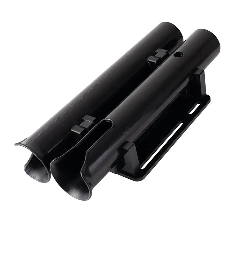Black double-layer plastic fishing rod rack with carbon fibre frame and metal pipe clamp for bicycle handlebars