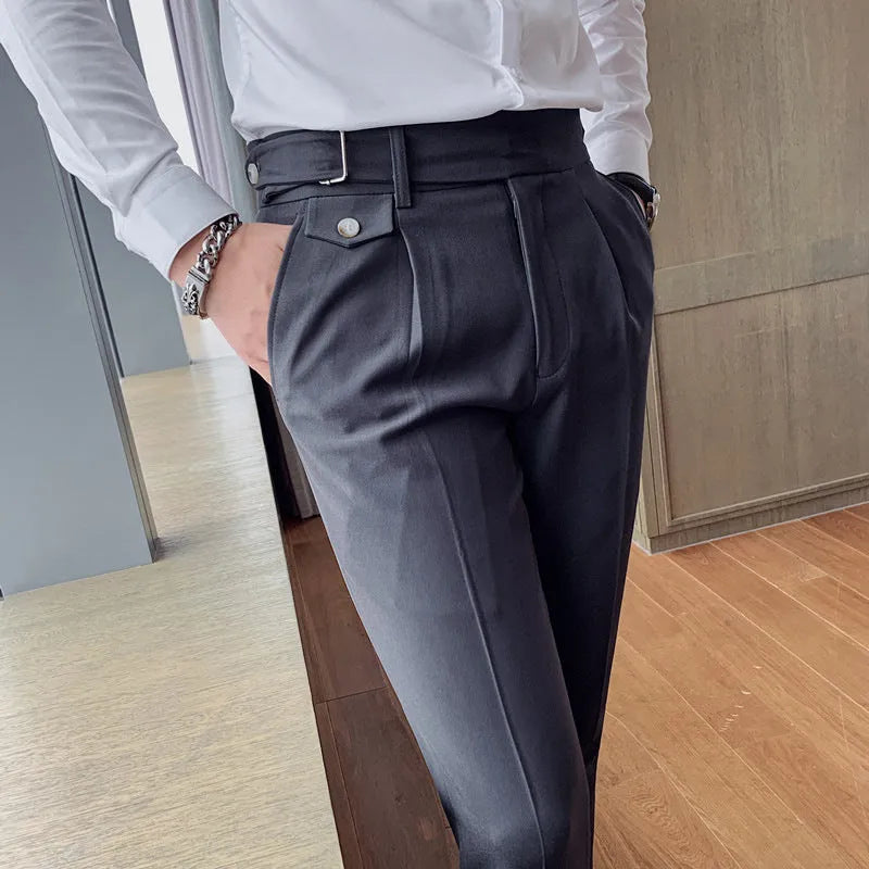 Men's straight-leg casual trousers in a solid colour on a hanger.