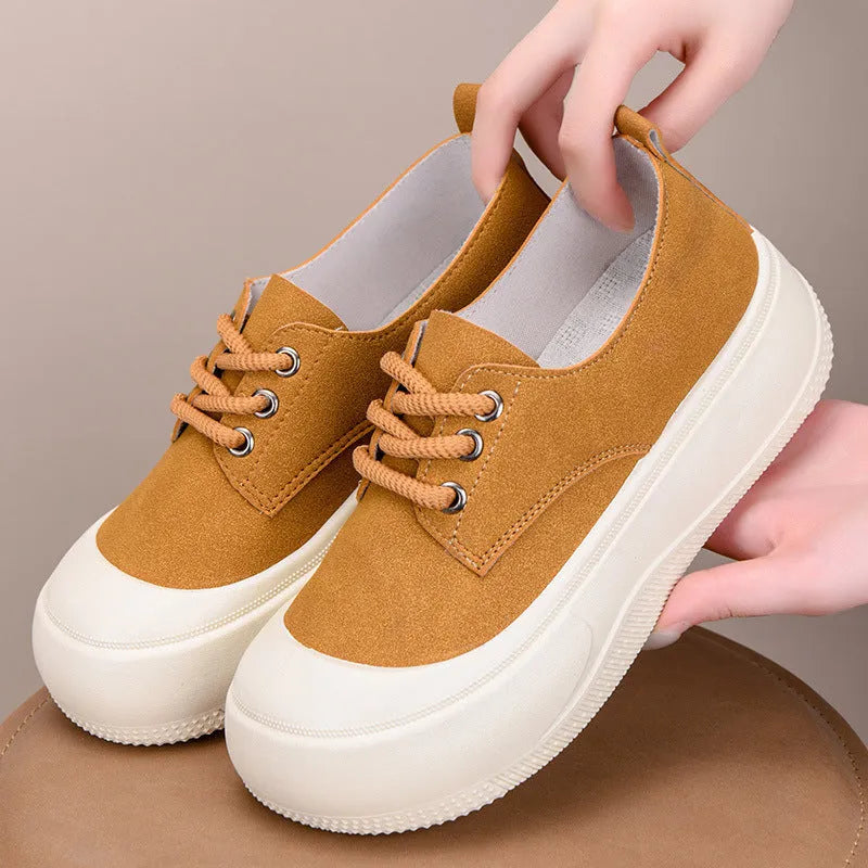 Women's camel suede platform loafers with 4cm height increase and flat rubber soles