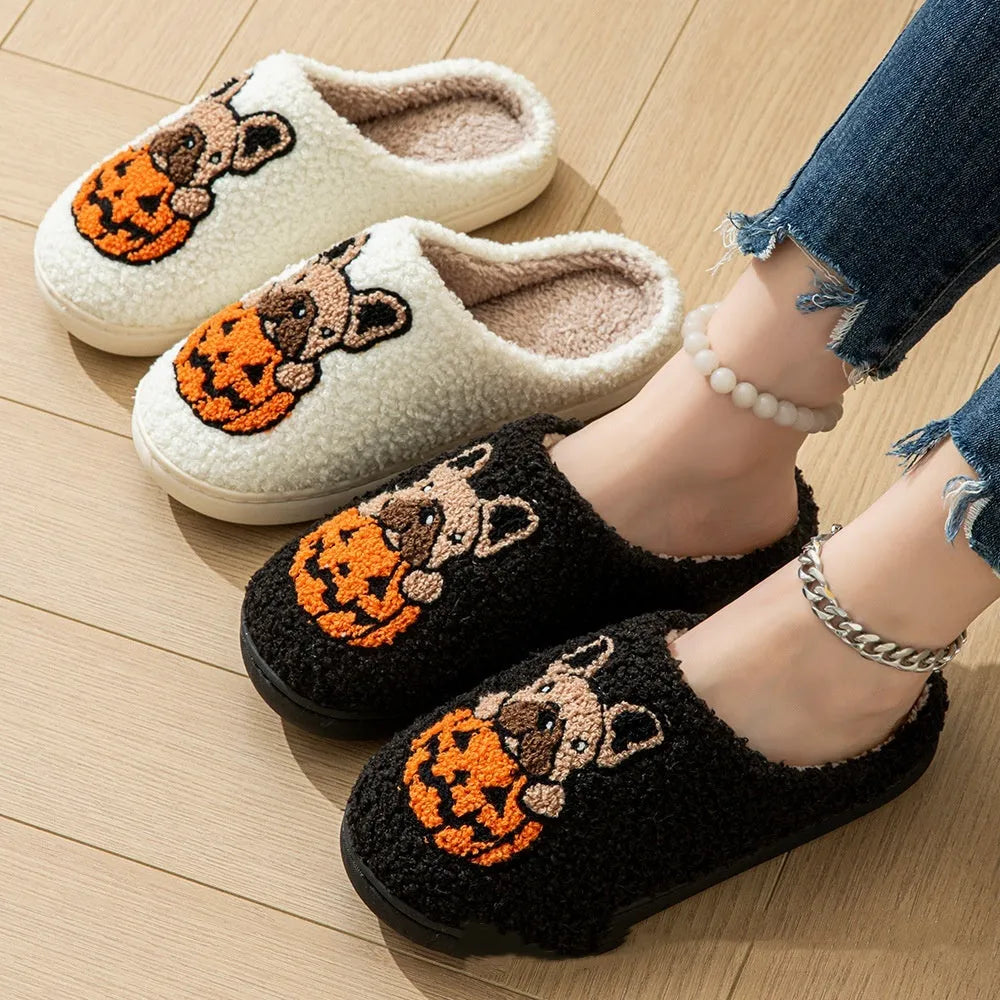 Halloween pumpkin pattern house slippers in plush velvet cotton with non-slip rubber soles
