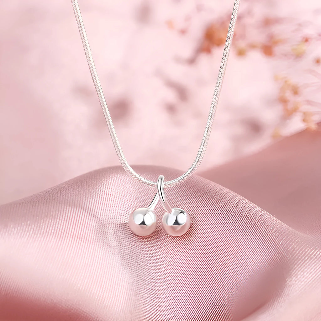Silver cherry necklace with 925 silver fruit pendant on adjustable snake bones chain