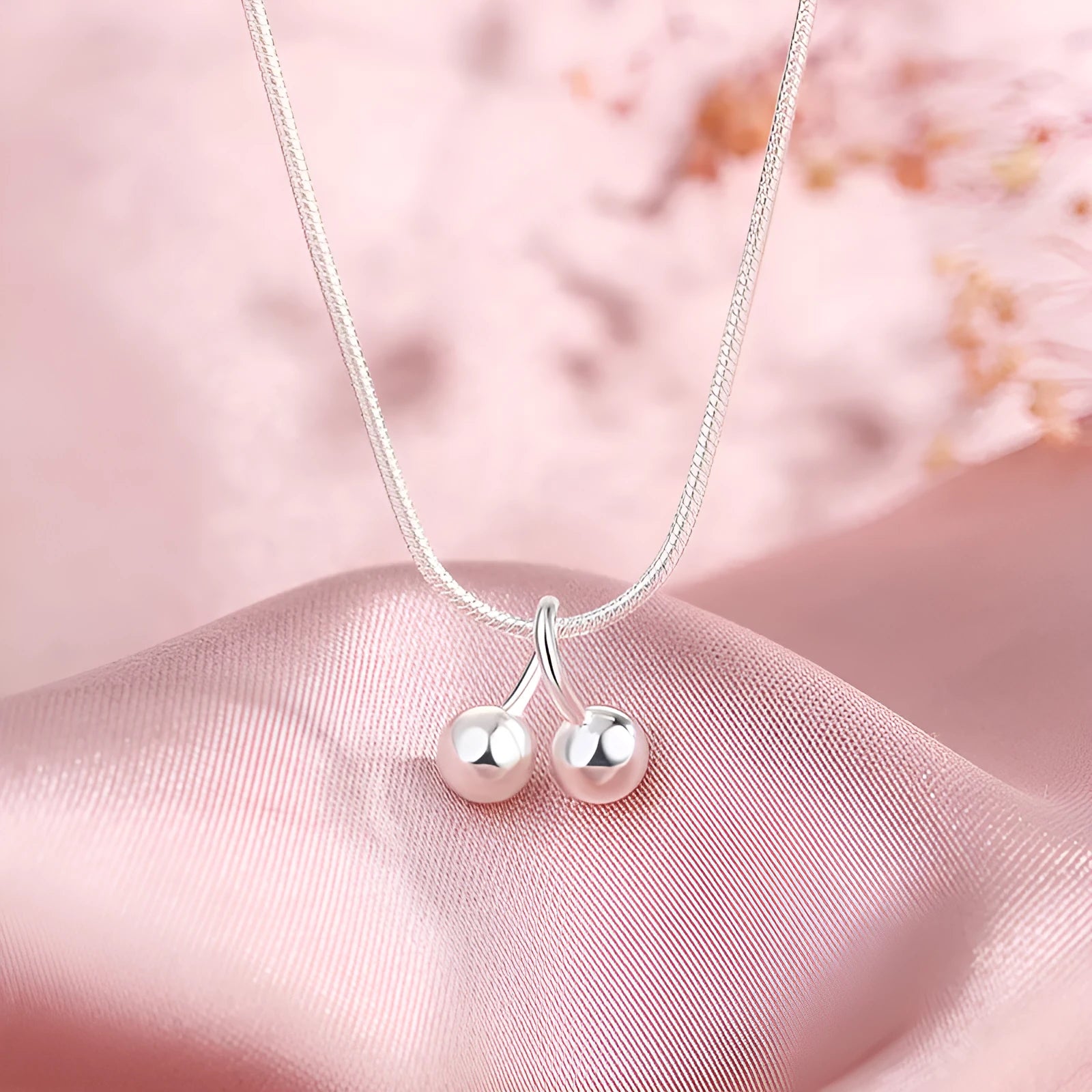 Silver cherry necklace with 925 silver fruit pendant on adjustable snake bones chain
