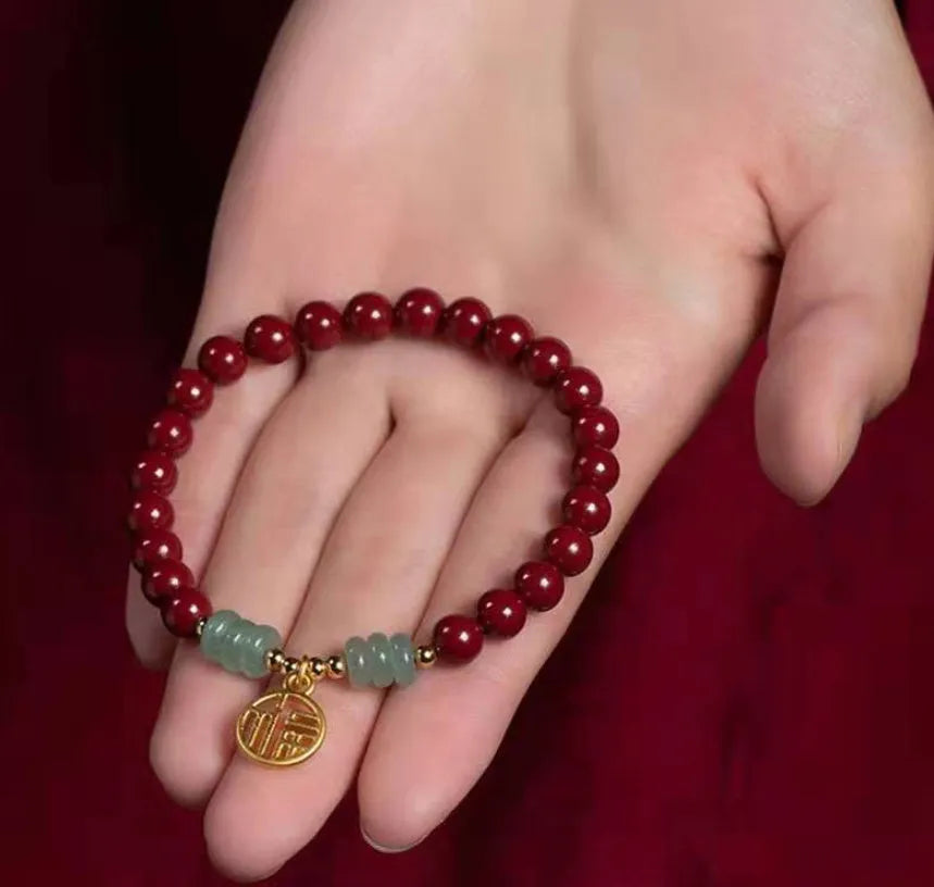 Handcrafted cinnabar bracelet with copper beads in wave design, national style unisex accessory