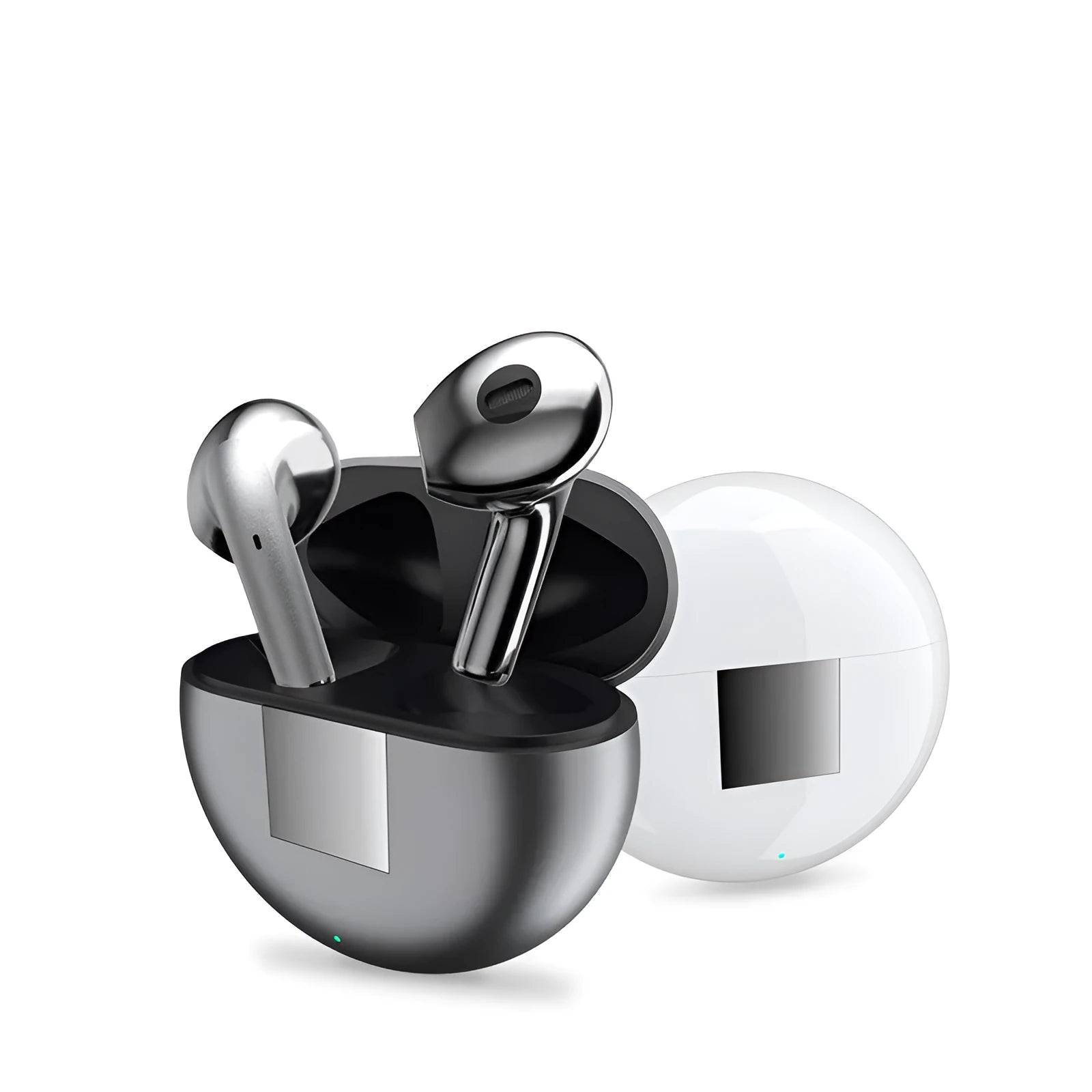 White Budz5 wireless Bluetooth semi-in-ear earphones with a charging compartment on a white background.